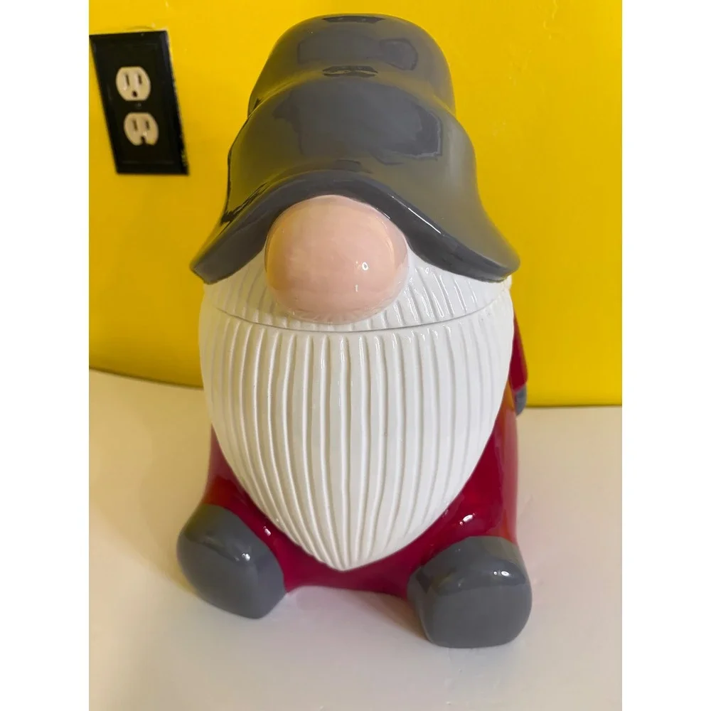 Pottery Barn Ceramic Christmas Gnome Cookie Jar Holiday Figural Red Gray Large